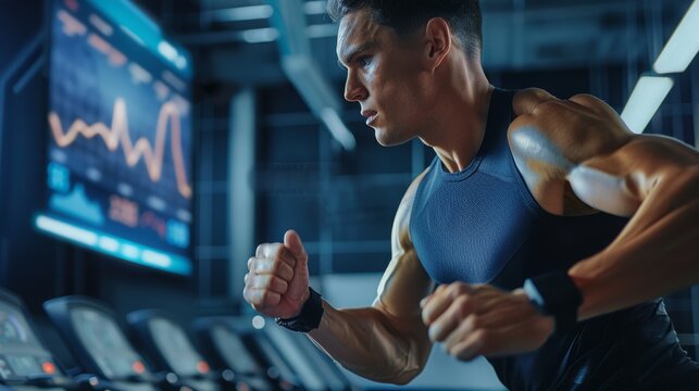A man runs on a treadmill in a modern gym with a large screen displaying a graph in the background.