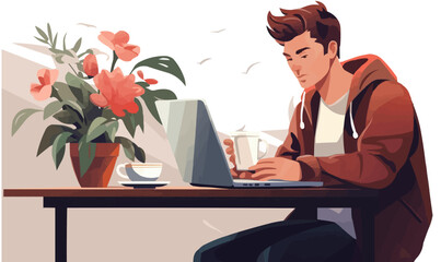 person with laptop drinking coffee vector flat isolated illustration