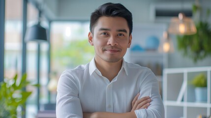 Portrait of male Filipino handsome business leader, modern bright office boardroom, professional atmosphere, leadership, diverse workplace, corporate setting.