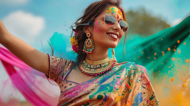 A beautiful young woman celebrates Holi, the festival of colors, in a traditional Indian saree and jewelry. She playfully throws colors while posing fashionably with sunglasses.