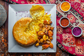 Unveiled from above:
A traditional oriental dish - fluffy pilaf nestled in a pita bread with sweet surprises like chestnuts, apricots, and cherry plums