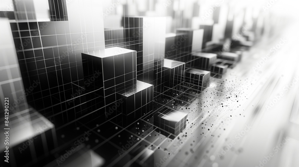 Poster an abstract black and white image with a grid pattern and geometric shapes, creating a modern and mi