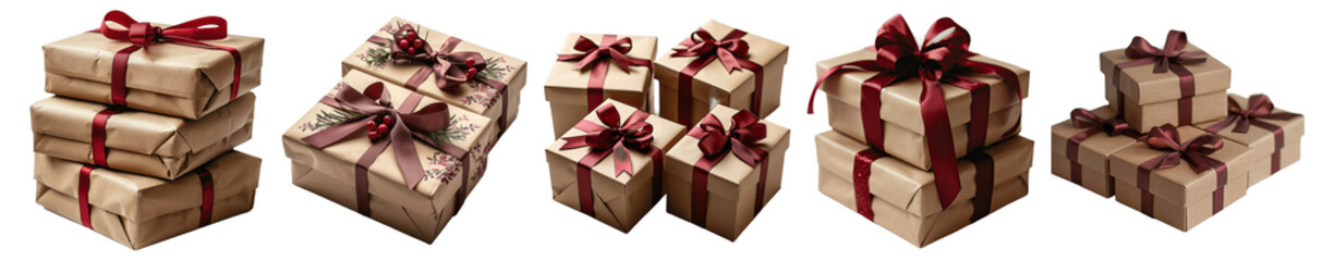 Obraz premium Collection of Gift boxes with the red ribbons in eco paper On isolated transparent PNG background