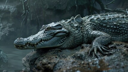 Fototapeta premium A sizable crocodile rests on a rock Menacing predator