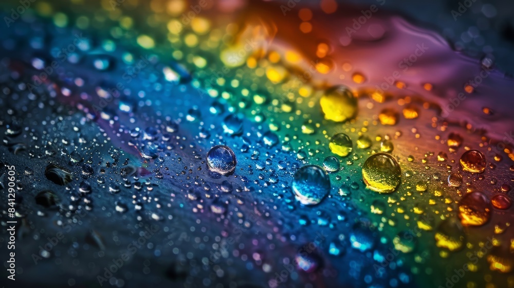 Poster a rainbow captured in a macro photograph, revealing the intricate details of its individual raindrop