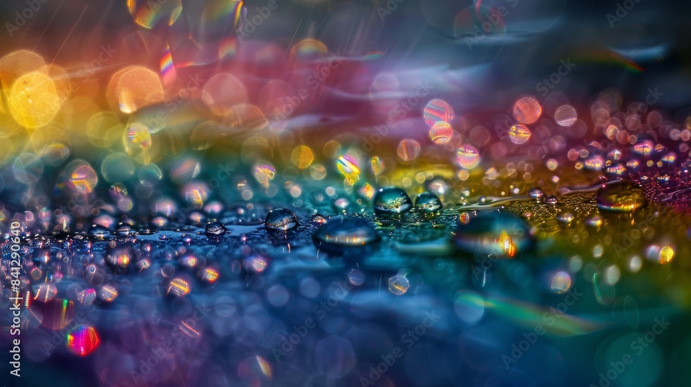 Poster a rainbow captured in a macro photograph, revealing the intricate details of its individual raindrop