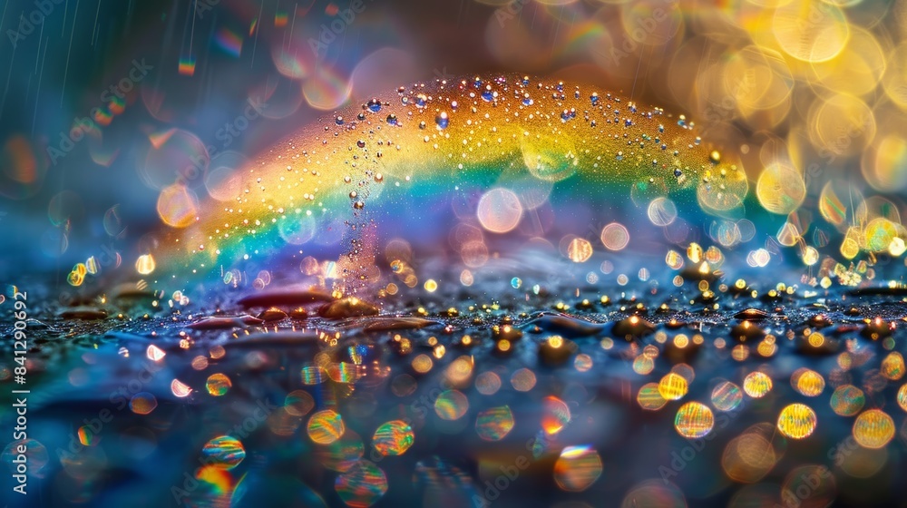 Poster a rainbow captured in a macro photograph, revealing the intricate details of its individual raindrop