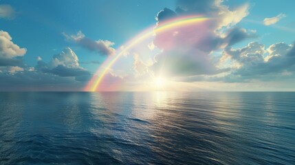 A rainbow fading into the horizon over a vast ocean, creating a breathtaking panorama of nature's beauty.