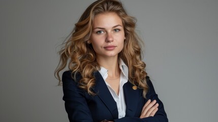 Portrait of a confident young businesswoman with long blonde curly hair, wearing a dark blue blazer and a white shirt, against a gray background.