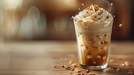 Ice latte with a large clean copy space. Generative AI.