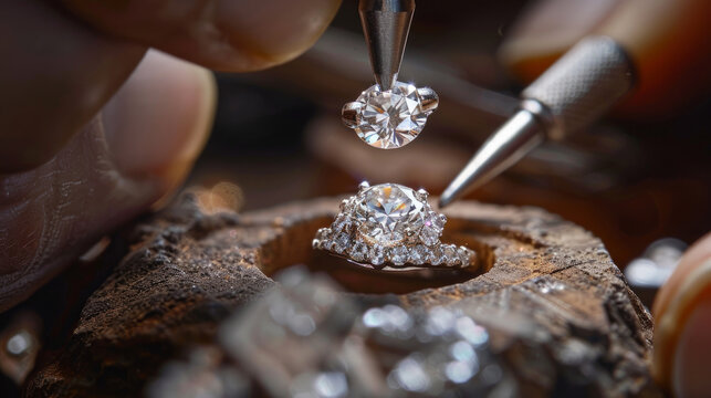 A jeweler uses tools to carefully place a diamond onto a ring. This is a close-up view of the process of making jewelry.