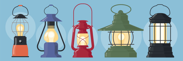 Set of beautiful vintage oil lamps, kerosene lamps in cartoon style. Vector illustration of antique colored oil lamps of different types and shapes for room lighting isolated on a blue background.