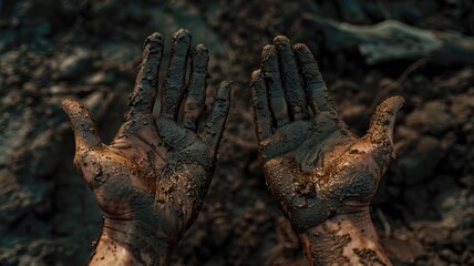 Fototapeta premium Two palms in mud and calluses are pointing up, hands of refugee and homeless. Concept hard work.