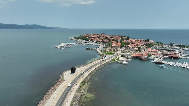 Aerial view of Nessebar, ancient city on the Black Sea coast of Bulgaria.