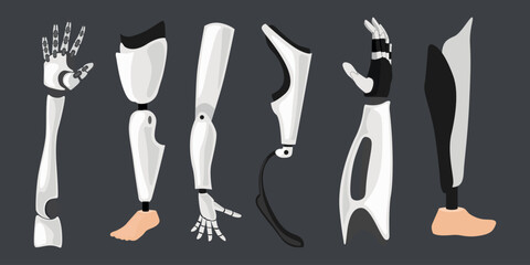 Set of modern prosthetic arms and legs in a cartoon style. Vector illustration of prostheses of upper and lower limbs: hands, fingers, and knee, lower leg, foot isolated on a white background.