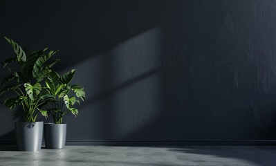 Two potted plants stand in a modern, sunlit interior, against a dark wall