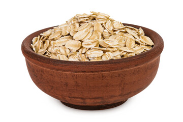 Oat flakes in brown ceramic bowl isolated on white background with full depth of field