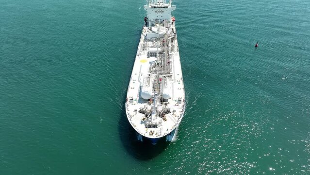 Aerial view of LPG gas ship. Gas carrier, gas tanker sailing in ocean
