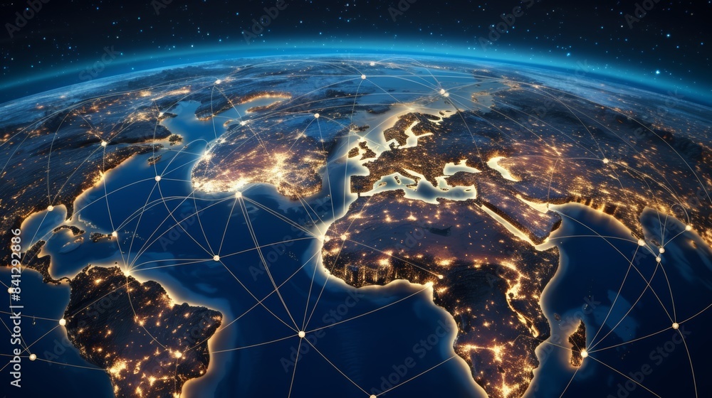 Poster a satellite view of earth with interconnected lines representing the flow of goods, information, and