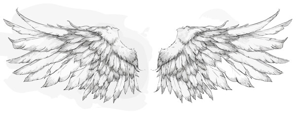 Hand drawn wings, sketch bird or angel wing with feathers. Vector illustration