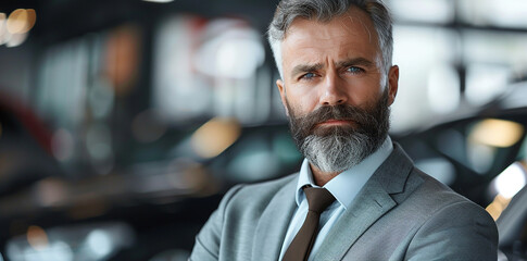 Obraz premium Professional portrait of a handsome middle-aged business man in a gray suit with a beard posing for a photo at a car showroom, looking directly at the camera and smiling, with a blurry background feat