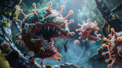 Phagocytes depicted as ferocious beasts of legend, their roars echoing through the microbiological wilderness as they hunt down pathogens