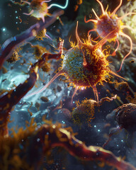 Phagocytes depicted as cosmic devourers, their forms expanding and contracting as they engulf microbial prey