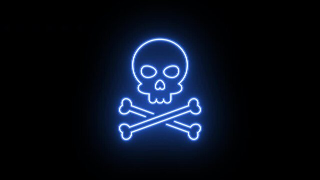 Neon skull crossbones icon animation, flickering emergence and fading. Glowing neon jolly roger sign, looped animation. Pirate skull emoji, corsair cranium, danger, death warning, skeleton. Violet