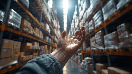 Fototapeta premium Warehouse aisle with a hand reaching out for products
