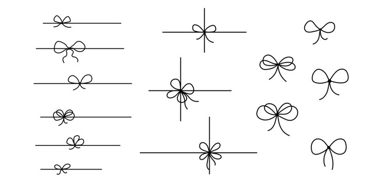 Gift bow for present icons set. Ribbon with knot doodle, vector line drawing. Outline minimal tie hand drawn sketch isolated on white