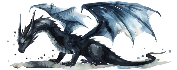 Watercolor black dragon illustration isolated on white background. Dark Fairy tale dragons © Viacheslav