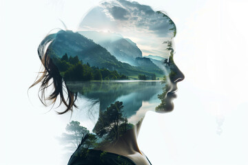 Double exposure of woman portrait and nature ocean, sea, lake calm landscape , isolated on white background. Wellness, mental health, calmness and balanced, meditation
