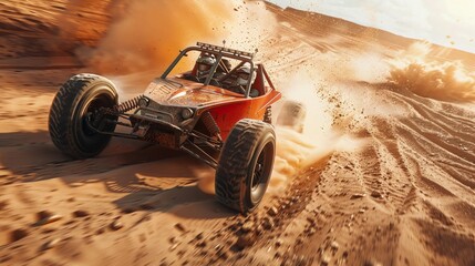 Dune buggy racing through sandy desert terrain
