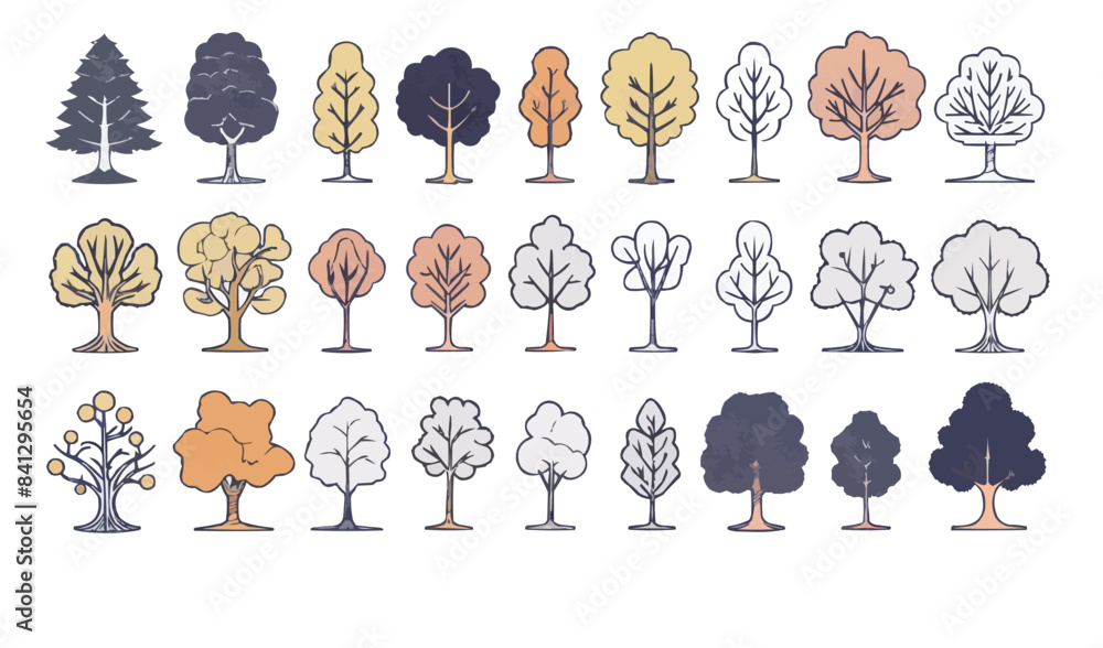 Poster big set of minimal trees linear icons. vector isolated white background