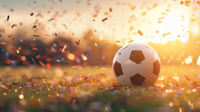 Fussball auf dem Spielfeld bei Sonnenuntergang
