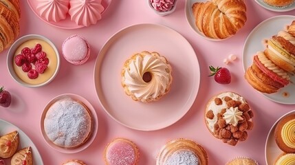 Assorted pastries and desserts on a pink background
