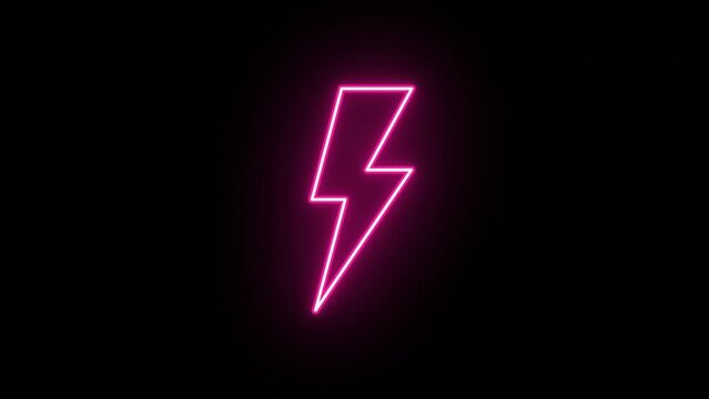 Neon lightning icon animation, flickering emergence and fading. Glowing neon thunderbolt sign, looped animation. Thunder lightning, storm, electric energy, electricity charge. Red, pink, purple colors