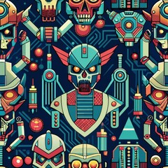 Fototapeta premium Seamless pattern of cybernetic implants and robotic enhancements, perfect for a futuristic sci-fi theme, Generative AI