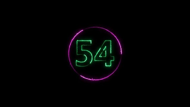 Fifty four neon light colorful number animation. Colorful circle Black background 4k video.