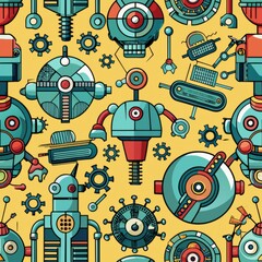 Fototapeta premium Seamless pattern of cybernetic implants and robotic enhancements, perfect for a futuristic sci-fi theme, Generative AI