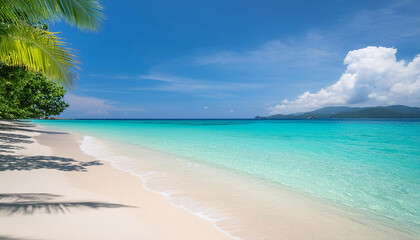 Fototapeta premium Tropical beach scene with crystal clear water, white sand, and a bright blue sky, Blue sky and white sand beach. Beautiful sea.