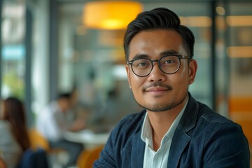 Obraz premium Portrait of male Filipino handsome business leader, modern bright office boardroom, professional atmosphere, leadership, diverse workplace, corporate setting.