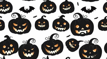 Seamless pattern of black Jack-o'-lanterns and bats with glowing orange faces on a white background. Ideal for Halloween designs and spooky decorations.