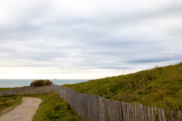 A serene coastal pathway beautifully lined by a fence, offers an ocean view under a calm overcast sky