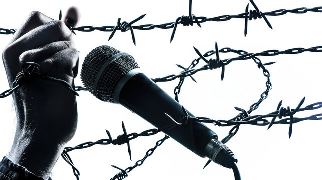 clenched hand into a fist next to A microphone in front of a barbed wire fence on white background, poster