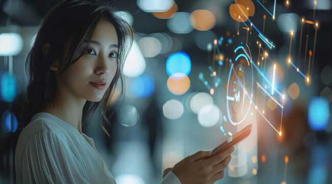 An entrepreneur holding a tablet and optimizing business processes using technology. Flying hologram charts and graphs on nearby smartphones at office. Generative AI.