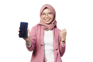 Portrait of smiling confident asian business designer woman pink suit officeshowing copy space on her phone screen