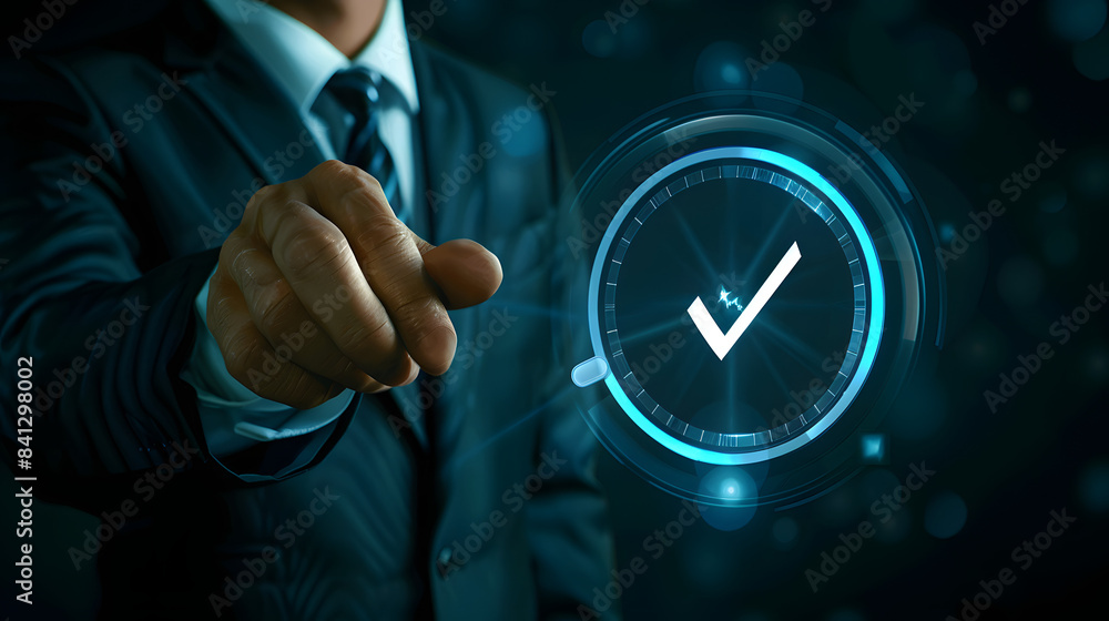 Poster man touching virtual check mark icon with document and data in circle on dark background