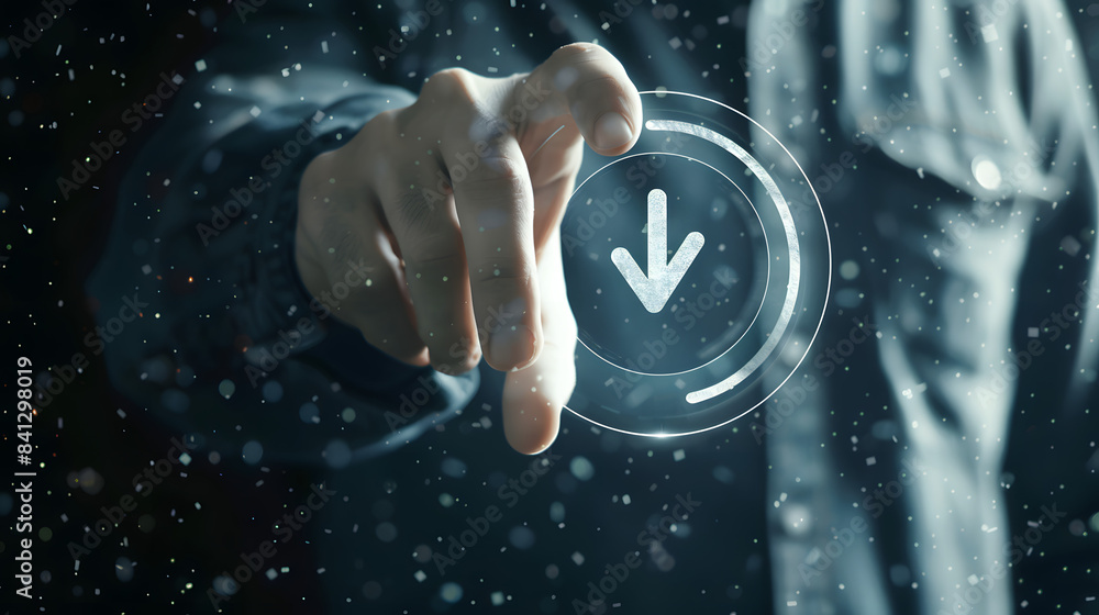 Poster man touching virtual check mark icon with document and data in circle on dark background
