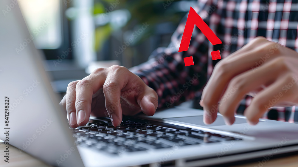 Poster man typing on laptop with red exclamation mark sign. warning about cyber attack